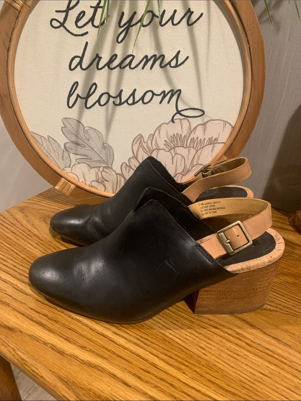 Korks Black Leather Slingback Block Heel Mules with Tan Strap